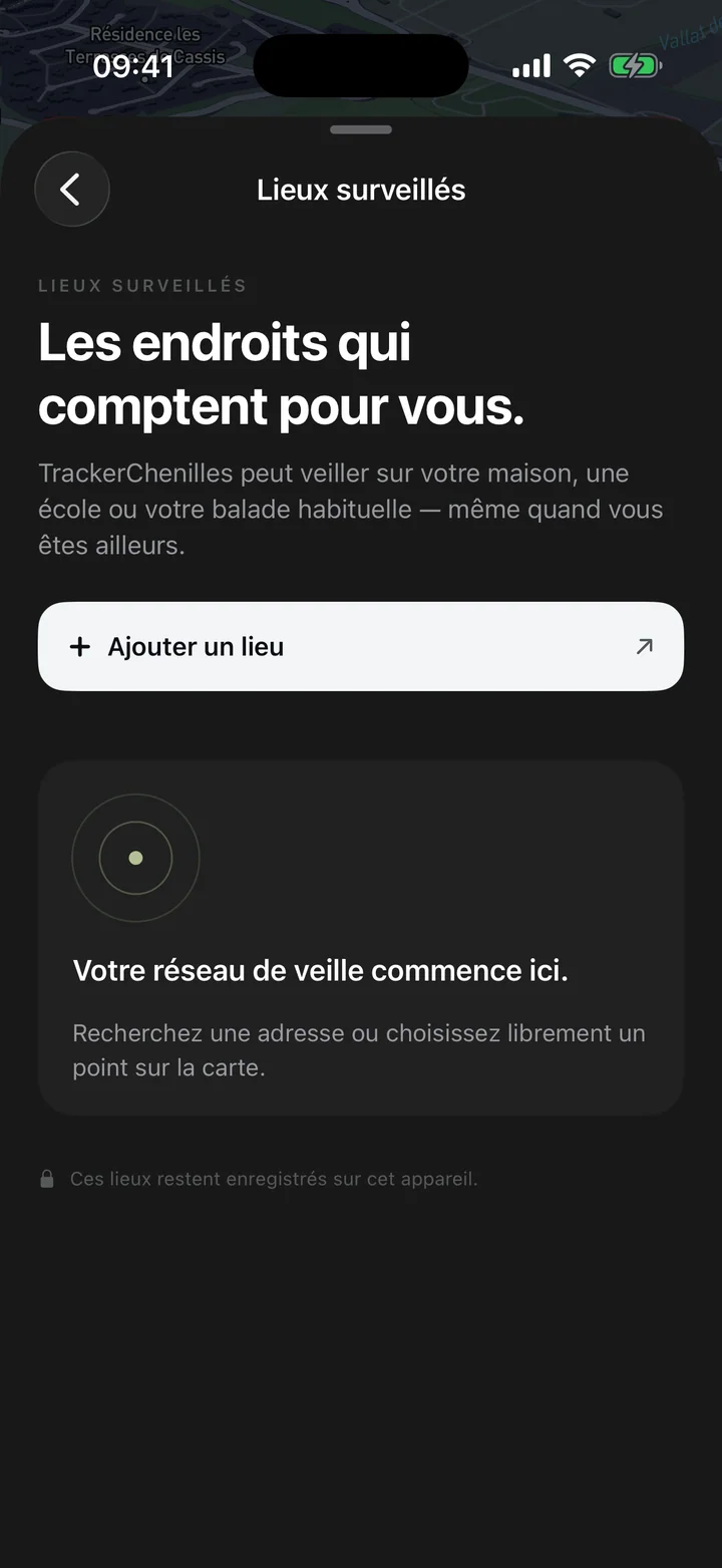 Écran Lieux surveillés de TrackerChenilles prêt à ajouter un lieu